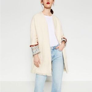 ZARA Cream Coat with Patterned and Fringe Cuffs